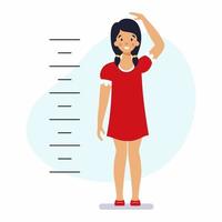 Girl in  red dress measures her height with ruler. Vector character in  flat style.