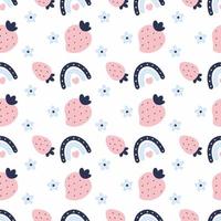 Seamless pattern with cute strawberries. Summer wallpaper for printing on packaging paper. Rainbow in doodle style. Texture for children's fabric and tailoring. vector