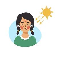Girl is crying because of  sunburn on her face. Sad child with skin damage. vector