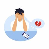 Sad man is sitting with  phone. Broken heart. Jealousy and separation. vector