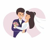 el novio pone su brazo alrededor de la cintura de la novia. una hermosa pareja se está preparando para su boda. carácter vectorial en un estilo plano. vector