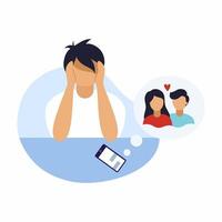 Sad man holds his head. Jealousy and infidelity. Parting with loved one. vector