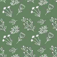 Seamless pattern with doodle-style flowers. Green wallpaper for sewing clothes, printing on fabric and packaging paper. vector