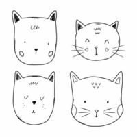 Set of kitten  in  doodle style. Drawing with  contour line for children. Coloring book cat  face. vector