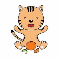 Funny tiger with tangerine. Symbol of new year 2022 according to Eastern calendar. Vector character in doodle style.