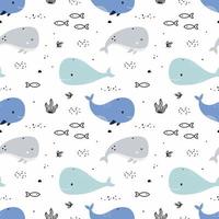 Seamless pattern with  whale and fish. Marine background for sewing children's clothing and printing on fabric.