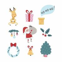 Stickers with Santa Claus and funny deer for new year. Making winter postcard. Christmas wreath and fir tree. Festive ball on branch. Vector illustration for printing on textiles and souvenirs.