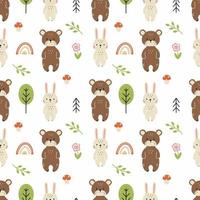 patrón sin fisuras con lindas liebres y osos. Fondo con animales del bosque para coser ropa infantil e imprimir en tela. vector