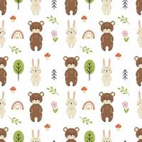 Seamless pattern with cute hare and bear. Background with forest animals for sewing children's clothes and printing on fabric. vector