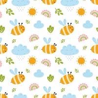 Seamless pattern with cute bee for sewing children clothes. Background in nursery with clouds and rainbow. Printing on textiles. vector