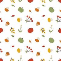 Cute seamless fall pattern. Wallpaper with autumn harvest. Background for sewing clothes and printing on fabric. Apples, mushrooms, berries and leaves on white background. Packaging paper design. vector