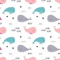 Whale and fish in sea. Seamless pink pattern for sewing children clothing and printing on packaging paper. Endless wallpaper for girl room . Illustration baby cartoon. vector