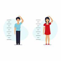 Children measures their height. Boy and girl are growing up.Vector character in cartoon style. Set of illustrations. vector