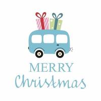 Merry Christmas holiday card. Blue bus is carrying gifts for new year. Beautiful handwritten lettering. vector