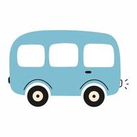 Blue car in style of doodles on white background. School bus icon. Illustration of automobile for children book or print on clothes. vector