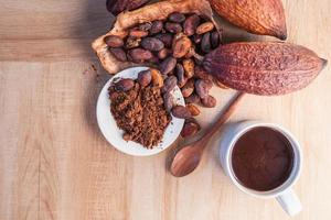 Hot cocoa cup with cocoa powder and cocoa beans on wooden background photo
