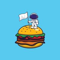 Astronauta de dibujos animados con hamburguesa ondeando la bandera sobre fondo azul.