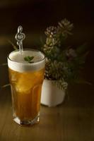 A glass of iced tea with some mint leaves on a wooden table photo