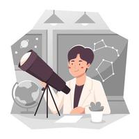 Astrofísico investigando con un telescopio. vector