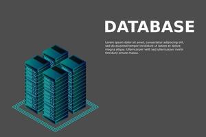 vector isométrico de la sala de servidores, tecnología futurista de protección y procesamiento de datos