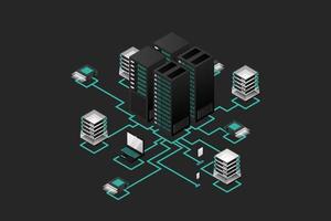 concepto de gestión de red de datos .mapa isométrico de vector con servidores de redes de negocios, computadoras y dispositivos