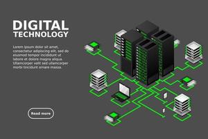 concepto de gestión de red de datos .mapa isométrico de vector con servidores de redes de negocios, computadoras y dispositivos