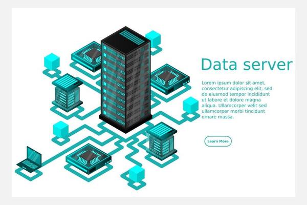 Concept of data network management .Vector isometric map with business networking servers computers and devices