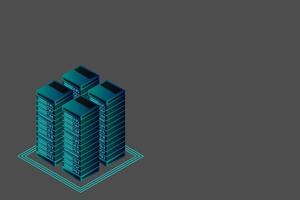 vector isométrico de la sala de servidores, tecnología futurista de protección y procesamiento de datos