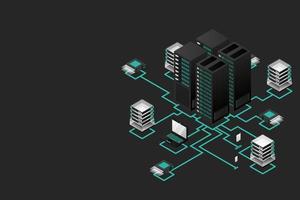 Concept of data network management .Vector isometric map with business networking servers computers and devices vector