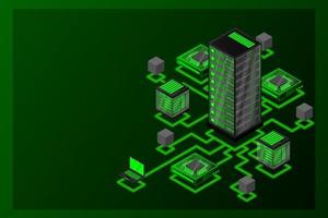 Concept of data network management .Vector isometric map with business networking servers computers and devices vector