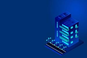 Smart city or intelligent building isometric vector concept. Modern smart city urban planning and development infrastructure buildings