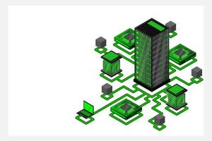 concepto de gestión de red de datos .mapa isométrico de vector con servidores de redes de negocios, computadoras y dispositivos