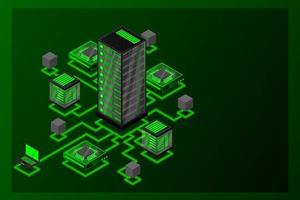 Concept of data network management .Vector isometric map with business networking servers computers and devices vector