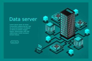 concepto de gestión de red de datos .mapa isométrico de vector con servidores de redes de negocios, computadoras y dispositivos