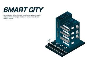 ciudad inteligente o concepto de vector isométrico de edificio inteligente. Edificios de infraestructura de desarrollo y planificación urbana de ciudad inteligente moderna