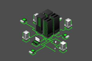 concepto de gestión de red de datos .mapa isométrico de vector con servidores de redes de negocios, computadoras y dispositivos