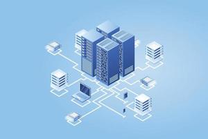 concepto de gestión de red de datos .mapa isométrico de vector con servidores de redes de negocios, computadoras y dispositivos