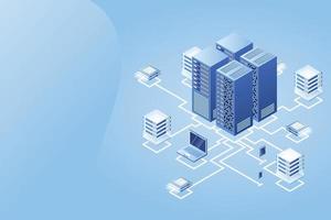 concepto de gestión de red de datos .mapa isométrico de vector con servidores de redes de negocios, computadoras y dispositivos