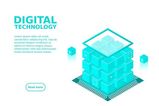 Banner de web de tecnología digital isométrica. algoritmos de aprendizaje automático de big data. análisis e información vector