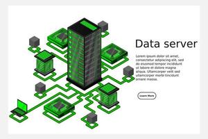 concepto de gestión de red de datos .mapa isométrico de vector con servidores de redes de negocios, computadoras y dispositivos