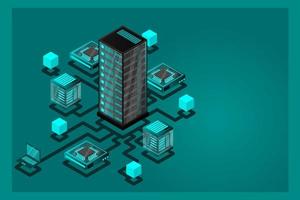 Concept of data network management .Vector isometric map with business networking servers computers and devices vector