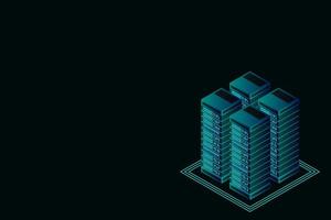 vector isométrico de la sala de servidores, tecnología futurista de protección y procesamiento de datos