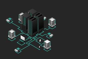 Concept of data network management .Vector isometric map with business networking servers computers and devices vector