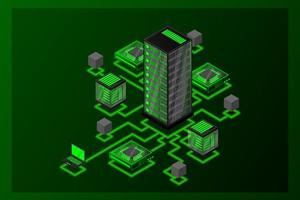 Concept of data network management .Vector isometric map with business networking servers computers and devices vector