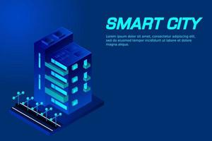 ciudad inteligente o concepto de vector isométrico de edificio inteligente. Edificios de infraestructura de desarrollo y planificación urbana de ciudad inteligente moderna