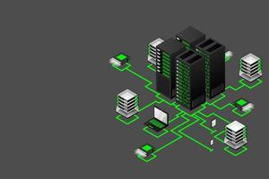 concepto de gestión de red de datos .mapa isométrico de vector con servidores de redes de negocios, computadoras y dispositivos