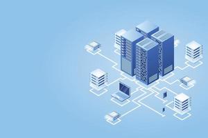 concepto de gestión de red de datos .mapa isométrico de vector con servidores de redes de negocios, computadoras y dispositivos