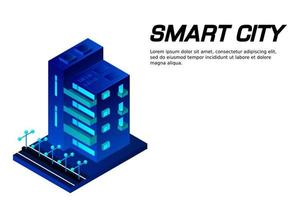 Smart city or intelligent building isometric vector concept. Modern smart city urban planning and development infrastructure buildings