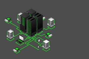 concepto de gestión de red de datos .mapa isométrico de vector con servidores de redes de negocios, computadoras y dispositivos