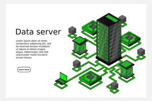 concepto de gestión de red de datos .mapa isométrico de vector con servidores de redes de negocios, computadoras y dispositivos